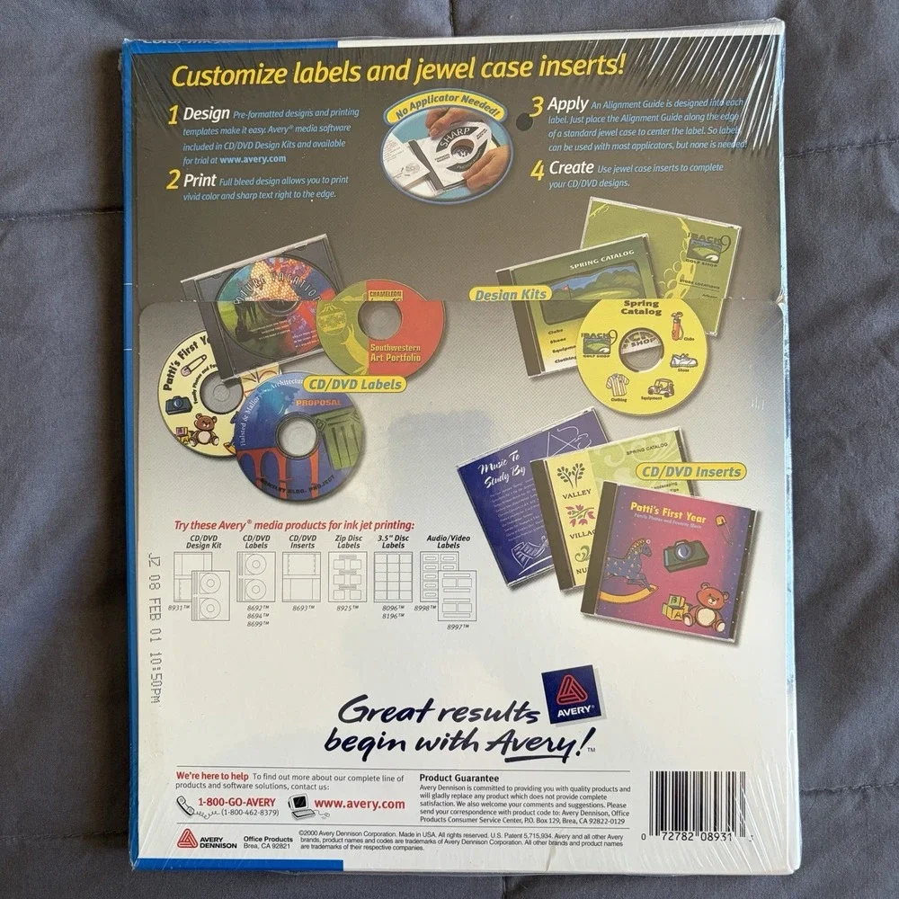 Sealed VTG 2000 Avery 8931 White CD DVD Label Design Kit Color Ink Jet Retro Fun